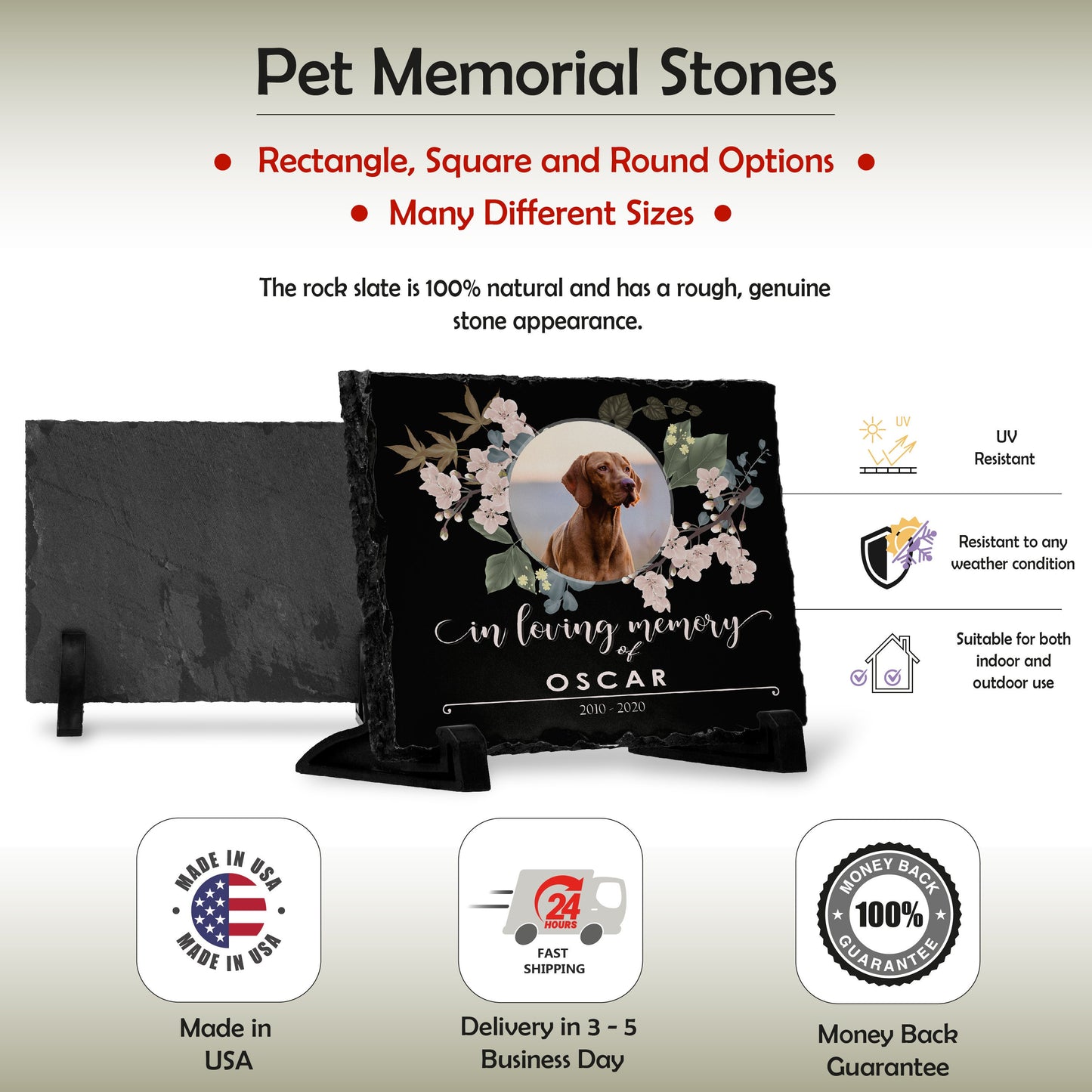 Pet Memorial Stone with Photo, 7 Sizes, 6 Designs | Pet Grave Marker, Pet Headstone | Dog Memorial Stone, Garden Memorial Stone,Weatherproof