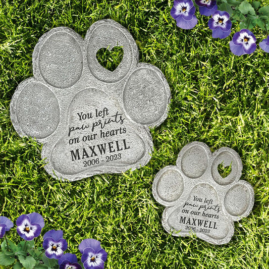 Engraved Paw Prints on Our Hearts Paw Print Shaped Personalized Pet Memorial Garden Stone, dog grave marker, custom, dog memorial stone