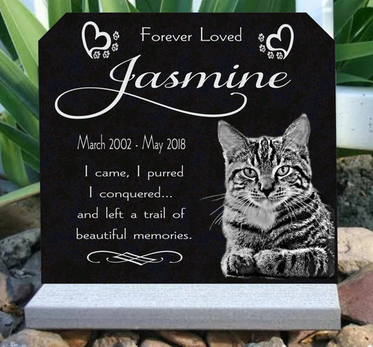 Cat Loss Pet Memorial Grave Marker Granite Engraved Headstone Custom Photo Solid Granite Heavy Base Stand Indoor Outdoor