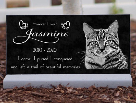 Cat Loss Pet Memorial Grave Marker Granite Engraved Headstone Custom Photo Solid Granite Heavy Base Stand Indoor Outdoor