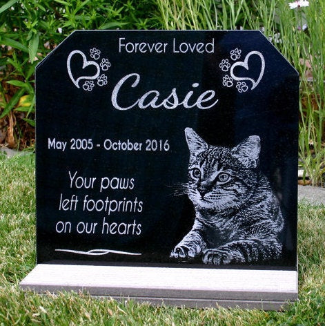 Cat Loss Pet Memorial Grave Marker Granite Engraved Headstone Custom Photo Solid Granite Heavy Base Stand Indoor Outdoor