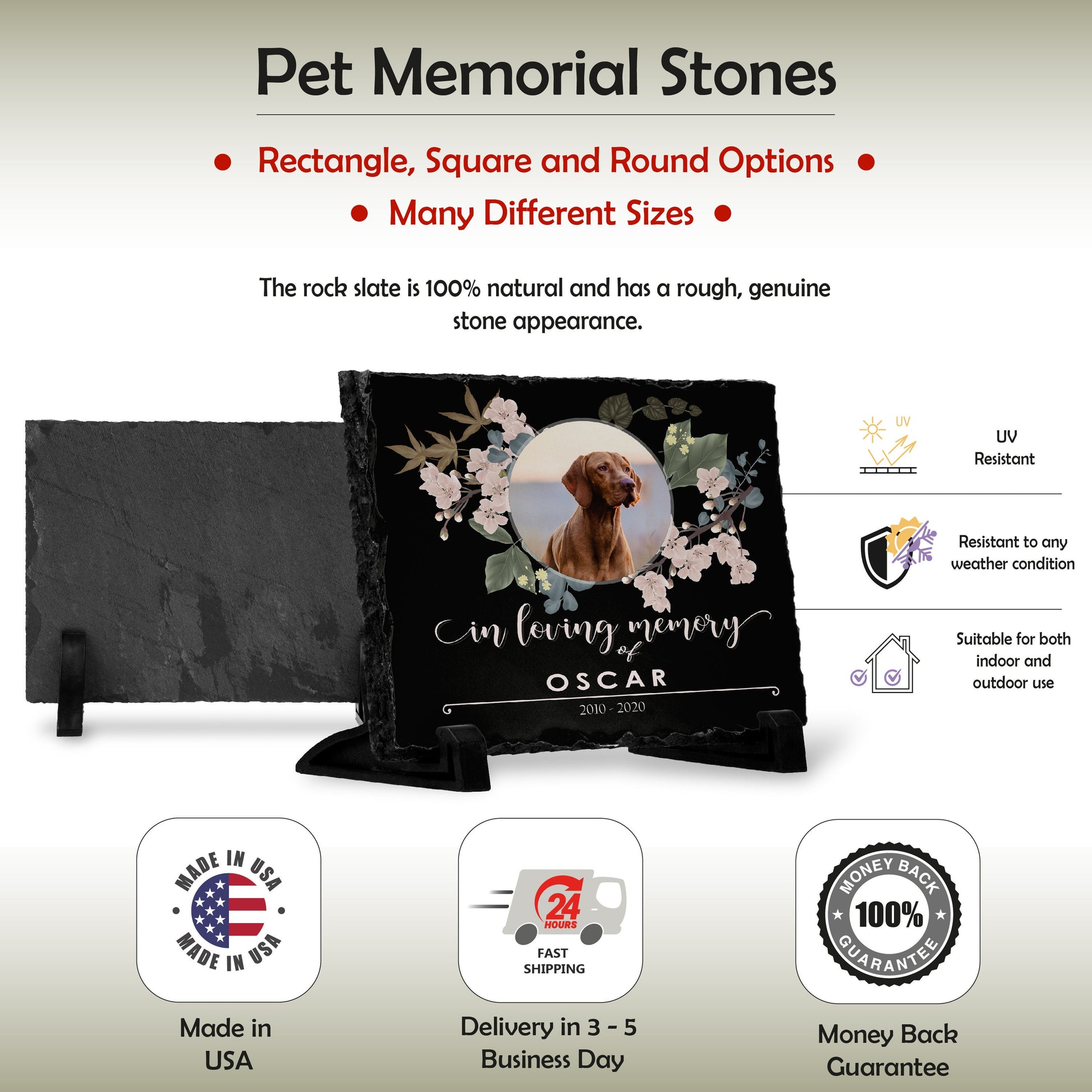 Pet Memorial Stone with Photo, 7 Sizes, 6 Designs | Pet Grave Marker, Pet Headstone | Dog Memorial Stone, Garden Memorial Stone,Weatherproof