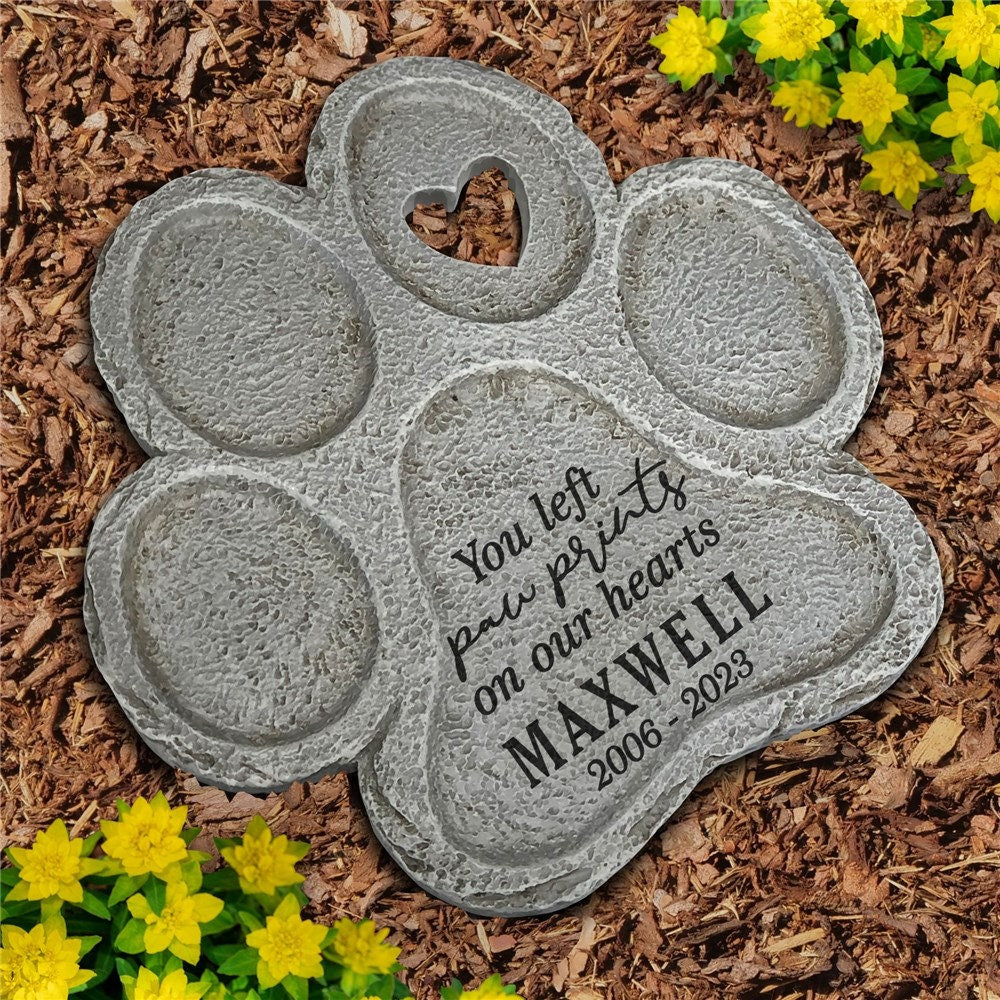Engraved Paw Prints on Our Hearts Paw Print Shaped Personalized Pet Memorial Garden Stone Gift, Dog Grave Marker, Dog Passing Away Gift