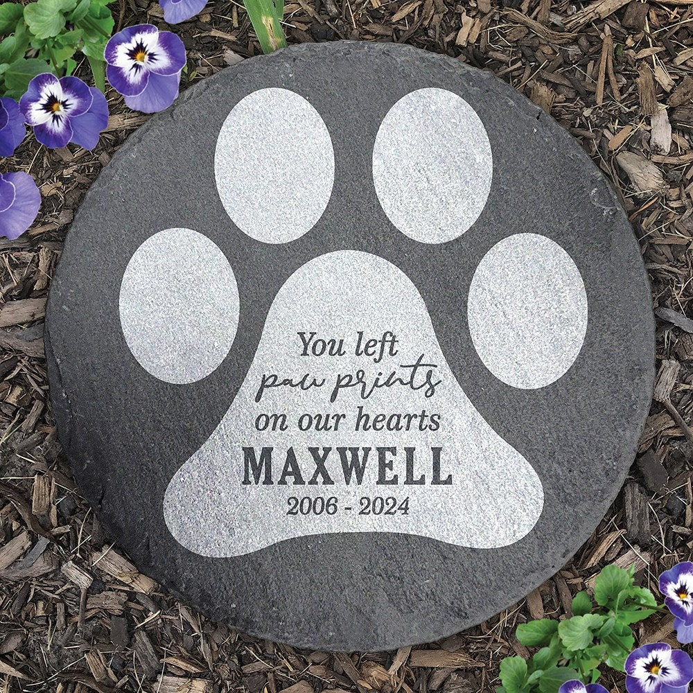 Engraved Paw Prints on Our Hearts Paw Print Shaped Personalized Pet Memorial Garden Stone, dog grave marker, custom, dog memorial stone