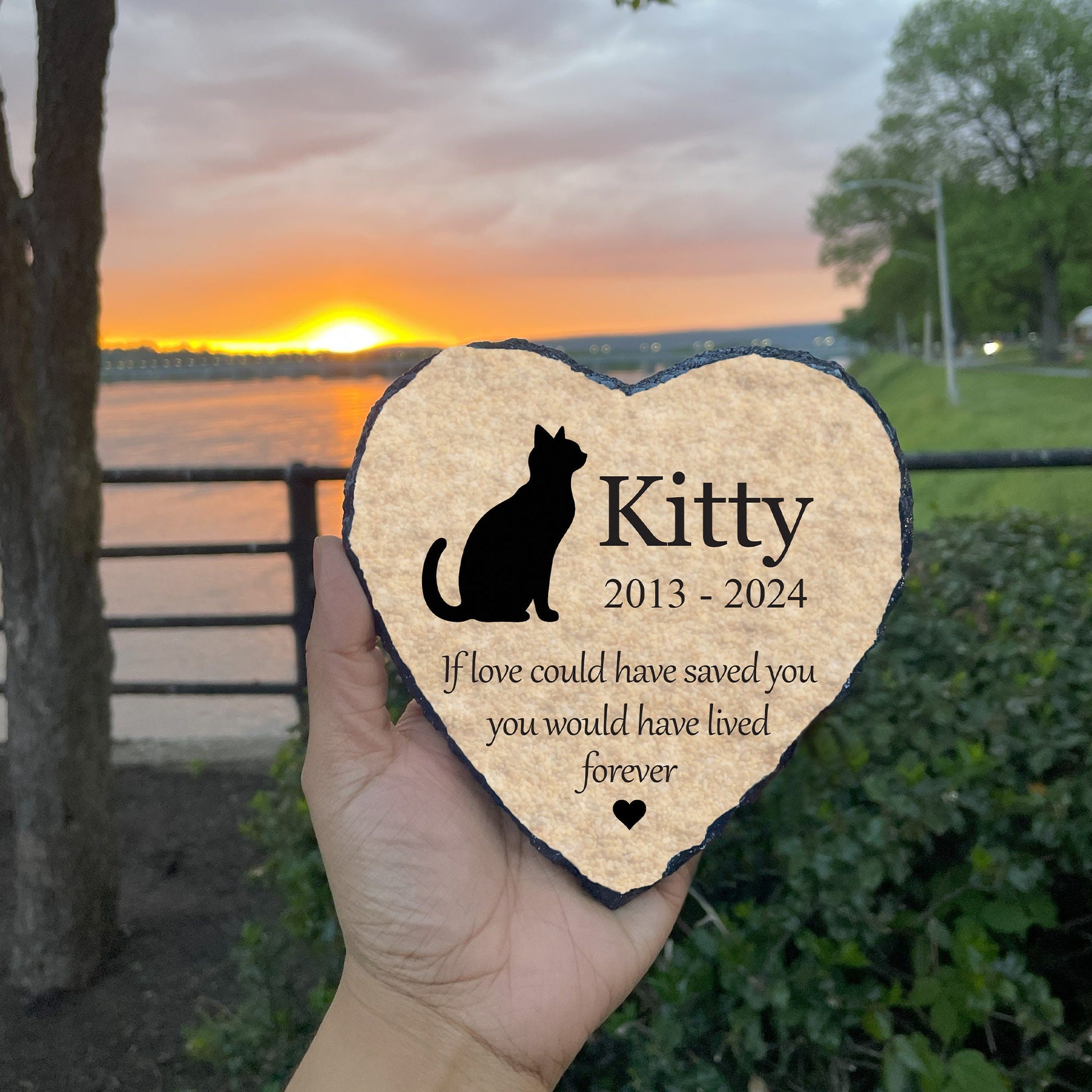 Heart Rock Memorial Cat Loss Gift, Personalized Slate Stone Grave Marker SD-32