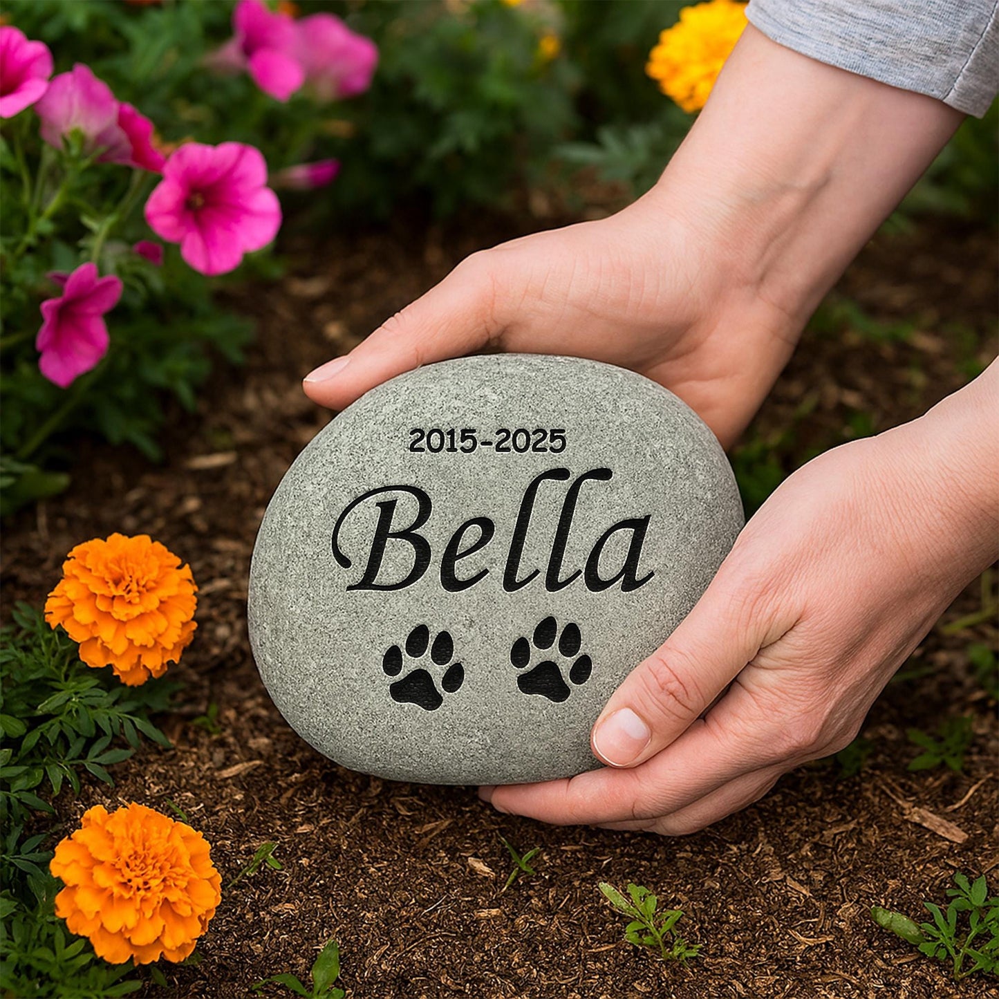 Personalized Pet Memorial Stone – Custom River Rock - Dog or Cat Grave Marker | 4 Designs & 4 Sizes | Engraved Outdoor Pet Tribute S/M/LG/XL