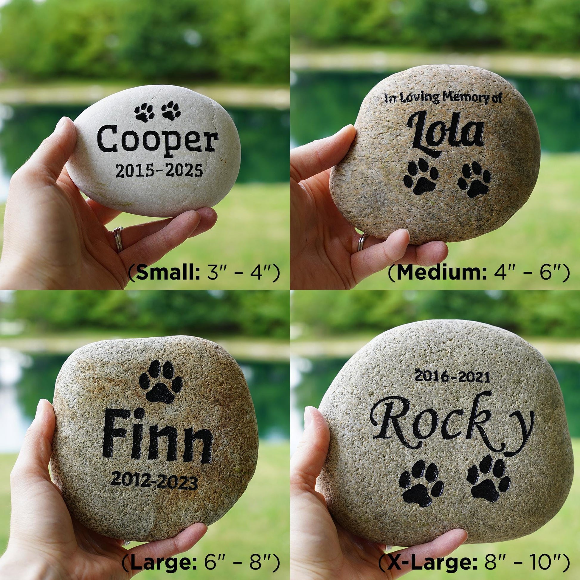 Personalized Pet Memorial Stone – Custom River Rock - Dog or Cat Grave Marker | 4 Designs & 4 Sizes | Engraved Outdoor Pet Tribute S/M/LG/XL