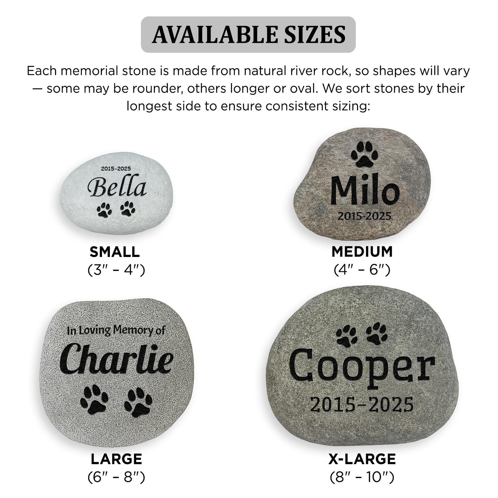 Personalized Pet Memorial Stone – Custom River Rock - Dog or Cat Grave Marker | 4 Designs & 4 Sizes | Engraved Outdoor Pet Tribute S/M/LG/XL